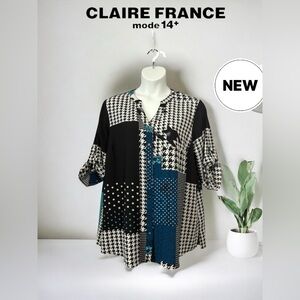 NWT, Claire France, Plus Size Patchwork Blouse, 18W, Black, White, Blue